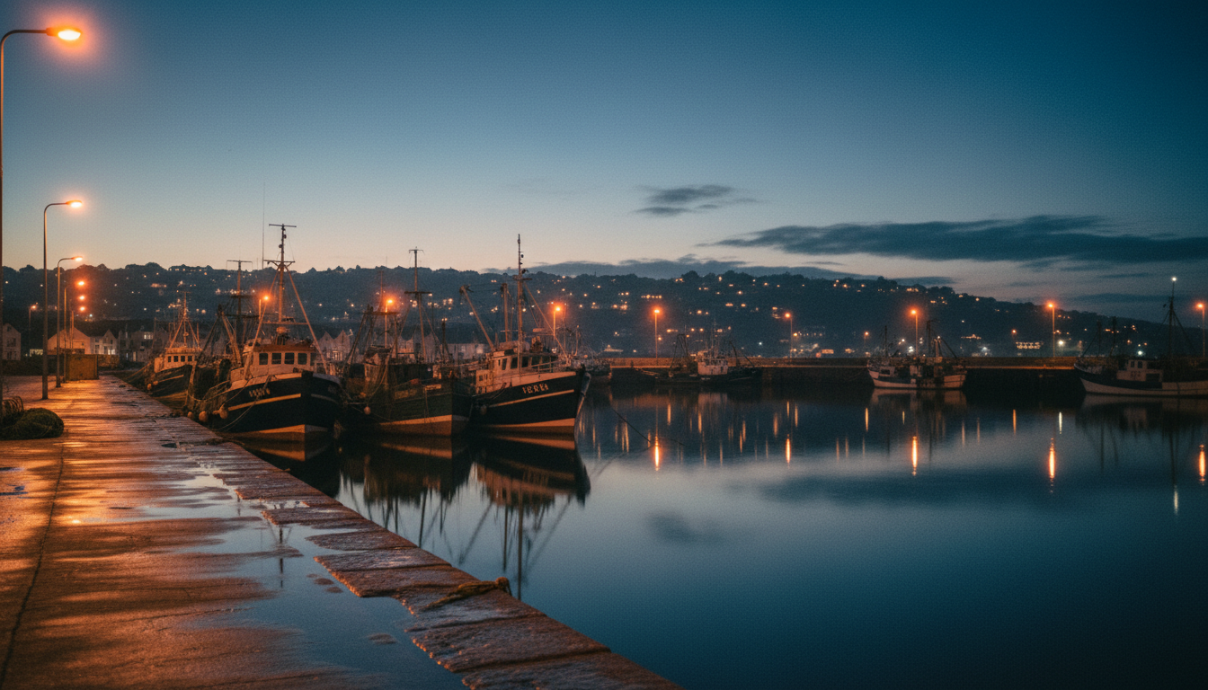 A rain-slicked harbor at dawn, with fishing boats reflected in dark blue water and warm streetlights along the quay.